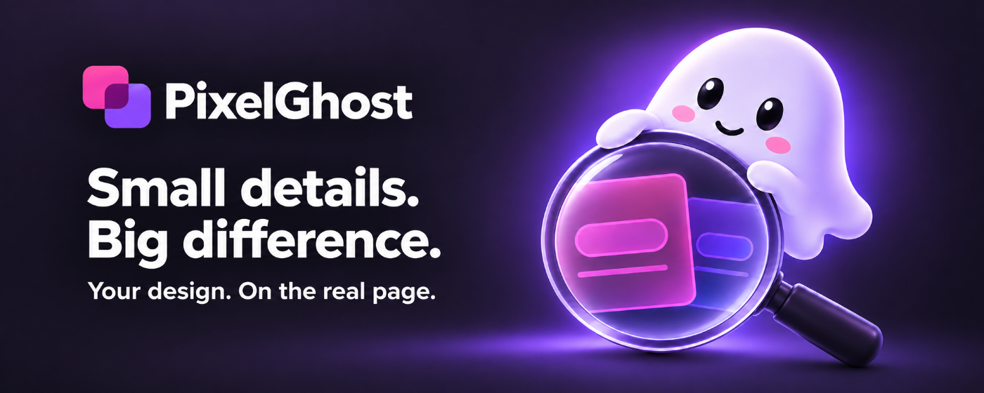 The PixelGhost ghost holding a magnifying glass over two overlapping interface cards.