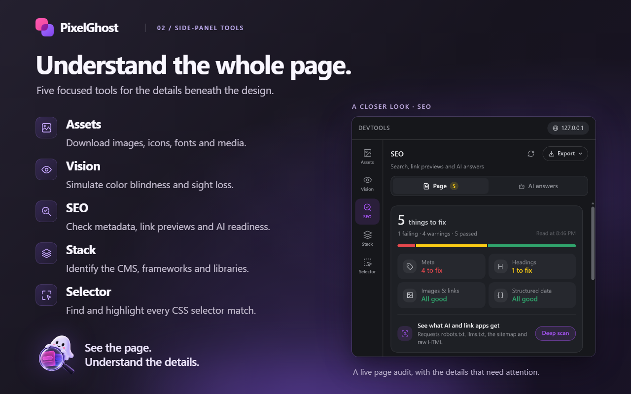 The DevTools side panel's SEO audit listing things to fix across meta tags, headings, images and structured data.